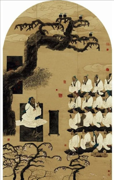 孔维克 杏坛讲学 中国画 220cm×143cm 1994年(“第八届全国美术作品展览”获奖作品)